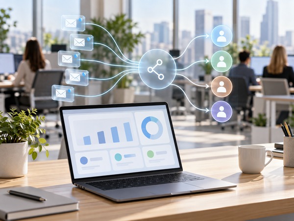 Схема распределения входящих заявок из CRM между четырьмя менеджерами, ноутбук с дашбордом на столе в офисе