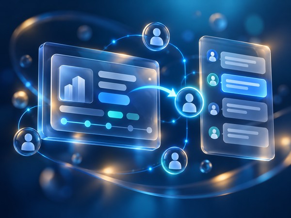 Картка угоди в CRM зі стрічкою коментарів команди, згадкою колеги й передачею угоди, ноутбук на столі у вечірньому офісі